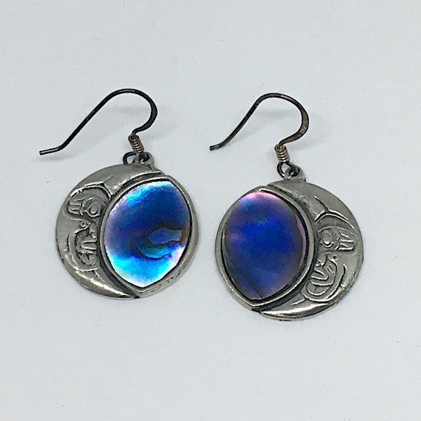 Pewter and abalone Moon Mask earrings