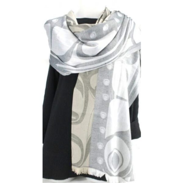 Grey poly jacquard shawl with Raven design